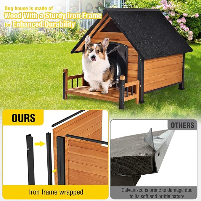 AIVITUVIN Dog House Outdoor Anti-Bite Metal Frame Design Wooden Dog Kennel Outside with Elevated Floor Weatherproof (Brown, 45" D x 32.9" W x 32.6" H)
