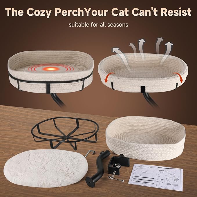 Cat Desk Bed - 360° Rotating Mount Attachment - Space-Saving Cats Hammock for Home Office/Computer Desks, Washable All-Season Indoor Pet Nest - Comfortable Perch