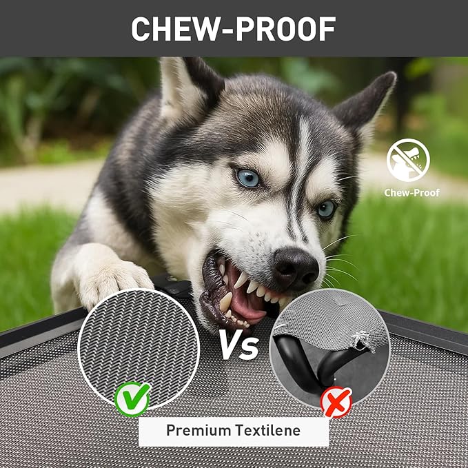 Sytopia 42'' Outdoor Elevated Dog Bed for Large Dogs, Chew-Proof Pet Camping Raised Cot with Breathable Mesh - Durable Frame, Cooling Hammock Bed, Non-Slip Feet, Waterproof, Easy Clean