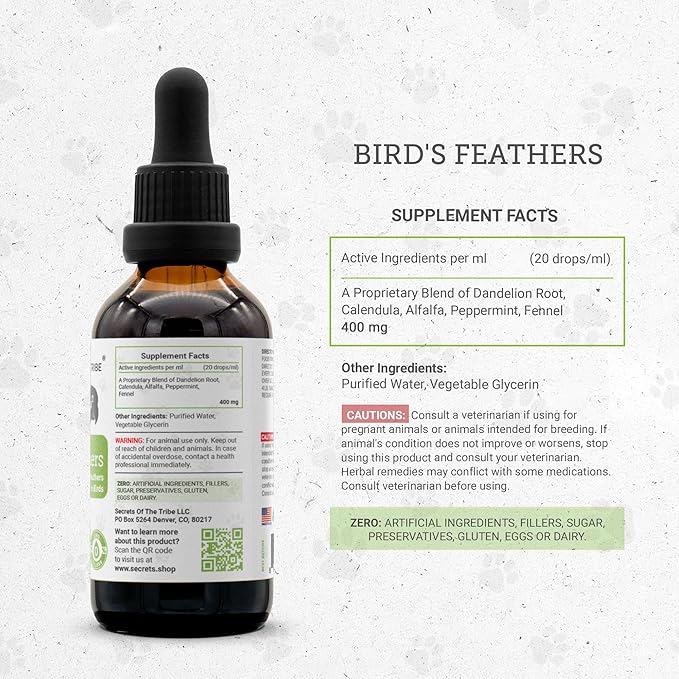 Birds Feathers | Natural Herbal Dietary Pet Supplement for Birds | Support Healthy Feathers | Alcohol-Free Extract, Dandelion Root, Calendula, Alfalfa, Peppermint, Fennel 2 oz