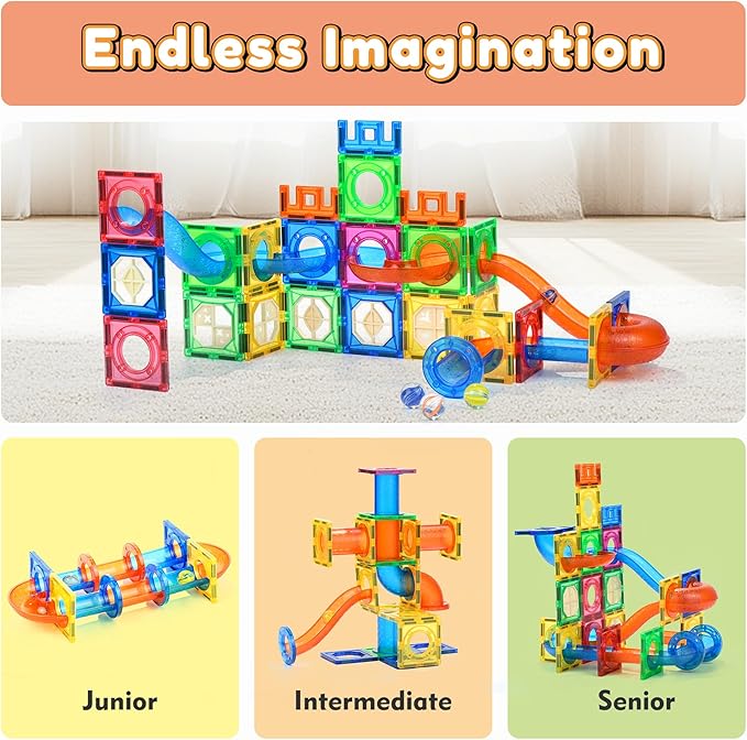 MAGBLOCK 85Pcs Marble Run Magnetic Tiles Toy Building Blocks STEM Educational Child Brain Development Kit Magnet Construction Toys for Boys Girls Kids Age 5 6 7+ Years Old