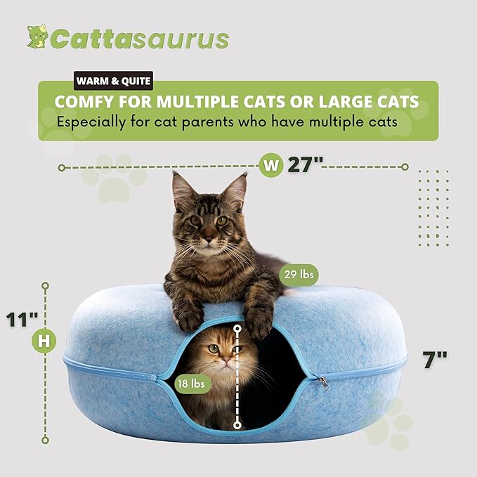 Cattasaurus Peekaboo Cat Cave for Multiple & Large Cats Up to 30-45 Lbs, Scratch Detachable & Washable Tunnel Bed, Comfy Donut Cat Cave (Blue, Jumbo)