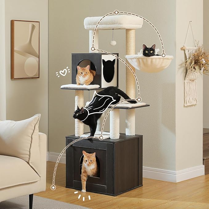 Tall Cat Tree with Litter Box Enclosure 57.5" Wooden Cat Tower for Large Cats with Cat Hammock House Bed (Pure Black)