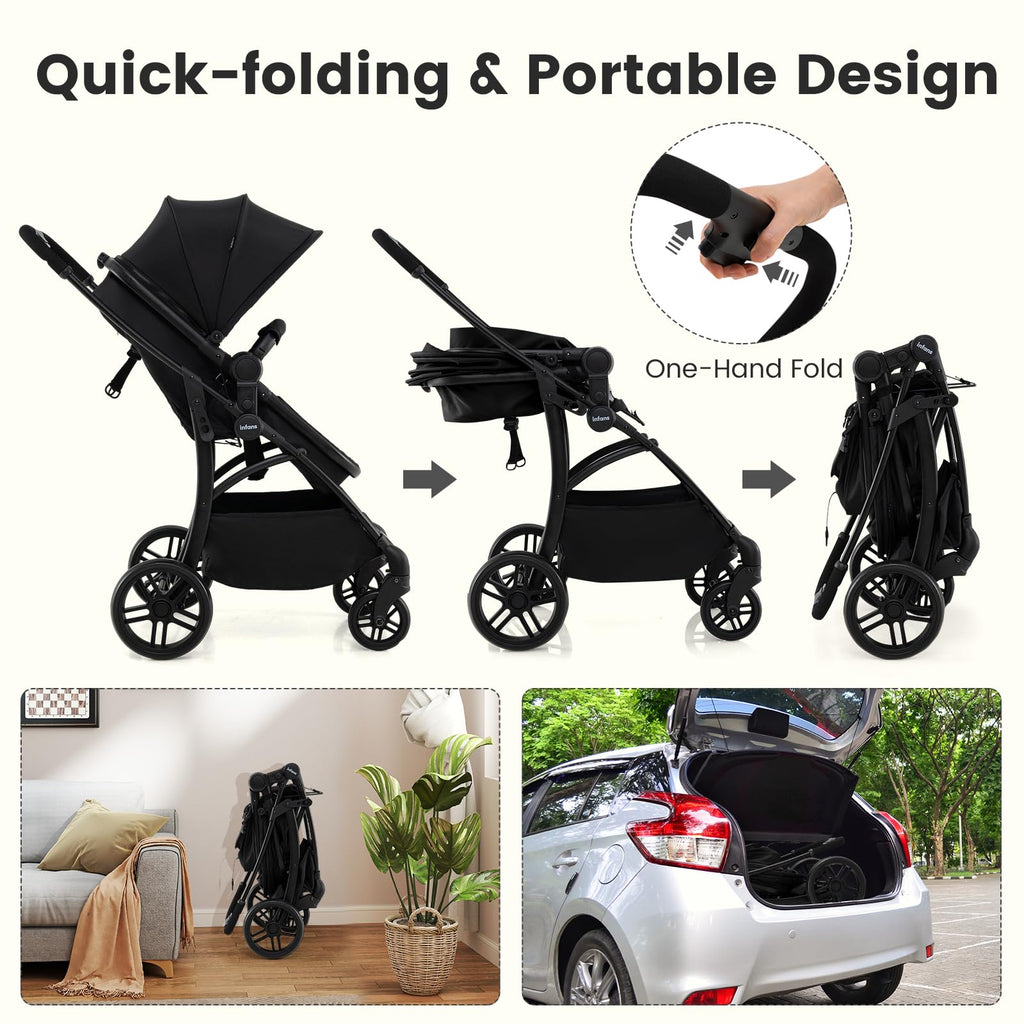 INFANS 2 in 1 Baby Stroller, Convertible Stroller with Bassinet Reversible Seat Adjustable Backrest Canopy One Hand Fold, Compact Toddler Pushchair for Kids Infants Newborns 0-36 Months