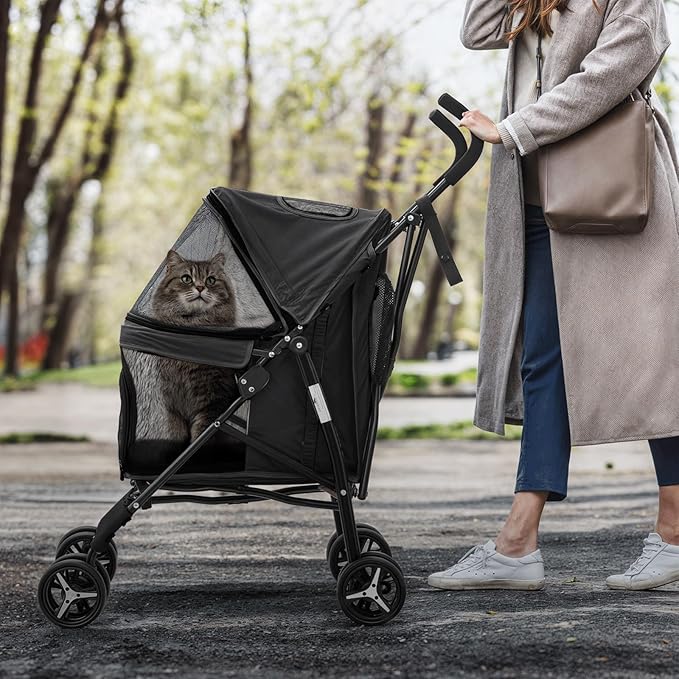 MoNiBloom 4 Wheels Pet Stroller, Easy-Fold Puppy Cage Jogger Stroller with Sun Cover, Pad and Rear Storage Bag, Breathable and Visible Mesh for Small/Medium Pets up to 22 lbs, Black