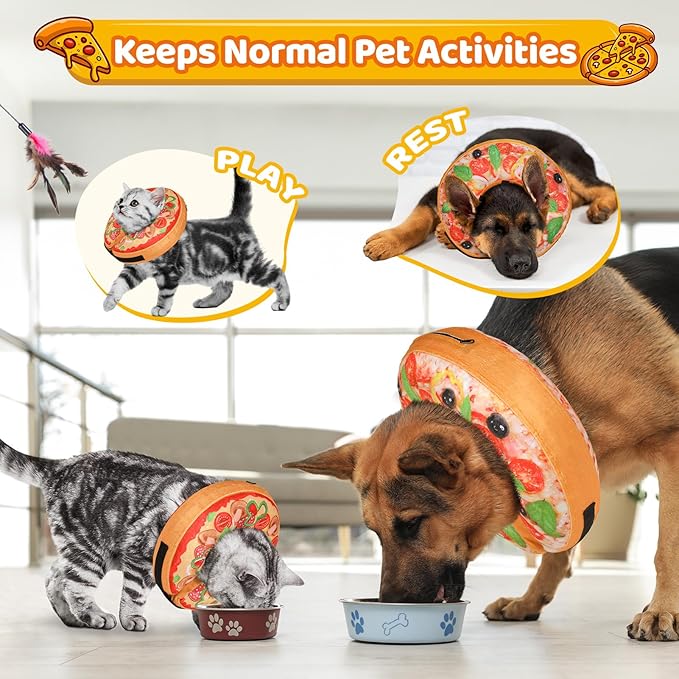 Grand Line Pizza Inflatable Collar for Dog and Cat, Soft Protective Recovery Cone After Surgery, Blow up Pet Donut Collar Cone, E-Collar Alternative Does not Block Vision (Cartoon, Medium)