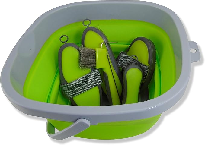 Collapsible Grooming Kit 10 Liter Bucket and 5 Grooming Tools - By Southwestern Equine (Lime Green)
