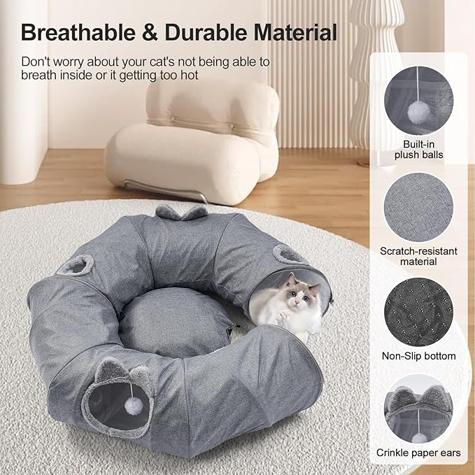 Odoland Summer Linen Cat Tunnels for Indoor Cats with Cooling Central Cat Bed, Interactive Cat Toys Detachable Soft Mat and Variety Kitty Toy Set Grey