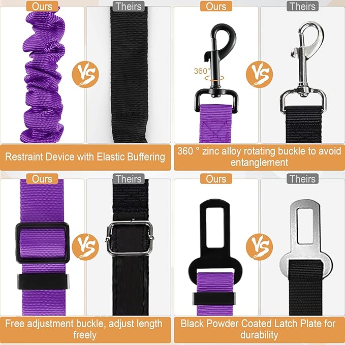 LivTee Dog Seat Belt for Car, Retractable Pet Safety Harness, Adjustable Nylon Dog Seatbelt Leash, Comfortable Dog Accessories for Vehicles (Purple-2PCS)