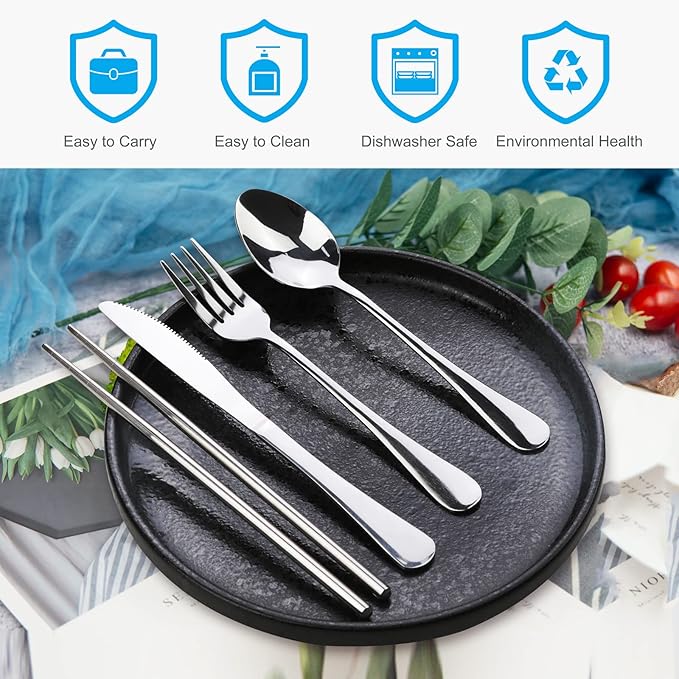 Portable Silverware Set with Case, Lengnoyp Travel Camping Utensils Set, Premium Stainless Steel Travel Cutlery Set