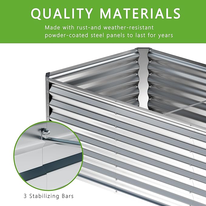 8x2x2FT Galvanized Raised Garden Bed,Planter Raised Beds-Metal Garden Box,Large Plant for Outdoor Planting, Vegetables Bed，Flower,herb-Sliver