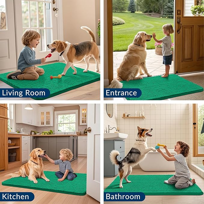 Smiry Dog Door Mat for Muddy Paws 30x20, Absorbs Moisture and Dirt Doormat, Non-Slip Washable Quick Dry Chenille Front Door Mat Indoor Entrance, Entryway Carpet for Inside Floor, Emerald Green