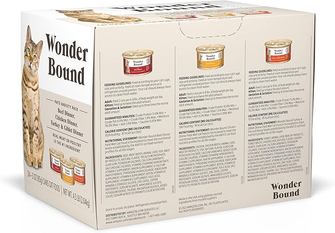 Amazon Brand - Wonder Bound Wet Cat Food, Pate, No Added Grain, Variety Pack (Beef/Chicken/Turkey & Giblet), 3 ounce (Pack of 24)