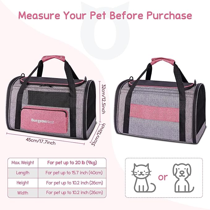 BurgeonNest Cat Carriers for Medium Puppy Under 25 lbs, Pet Carrier for Cats with Unique Side Bag,Top Load Small Pet Bag Soft-Sided Escape Proof with 4 Ventilated Windows