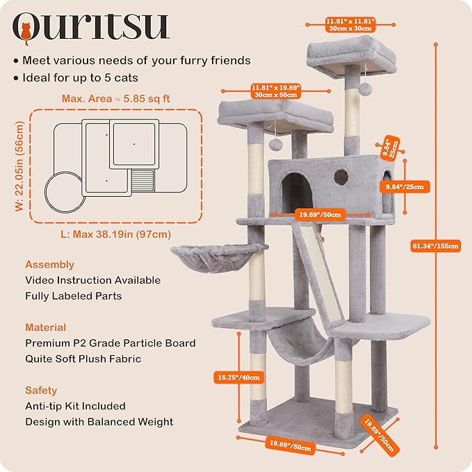 Ouritsu Cat Tree, 61 inch Tall Cat Tower for Large Cat Indoor, Enlarged Condo, 2 Padded Perches with 1 Widened, Large Hammock, Scratching Post and ramp, Fluffy Basket, Light Gray, LF002GA