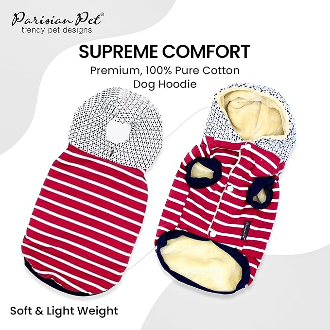 Parisian Pet Basic Dog Hoodie - Lightweight Red Striped Pom Pom Hoodie - Dog Sweatshirt with Pockets - S
