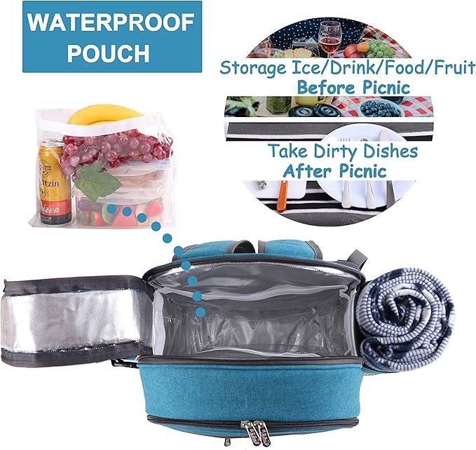 Apollo Walker Picnic Backpack Set for 2 Person with Cooler Compartment, Detachable Bottle/Wine Holder, Fleece Blanket, Plates and Cutlery Set (Teal)