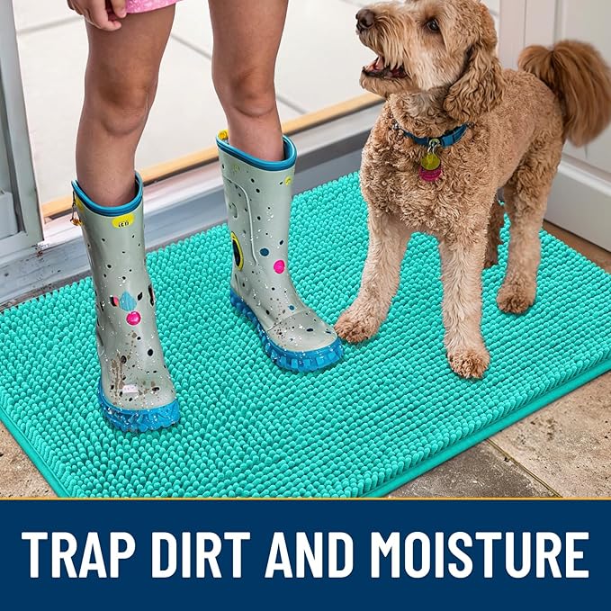 Smiry Dog Door Mat for Muddy Paws 30x20, Absorbs Moisture and Dirt Doormat, Non-Slip Washable Quick Dry Chenille Front Door Mat Indoor Entrance, Entryway Carpet for Inside Floor, Teal