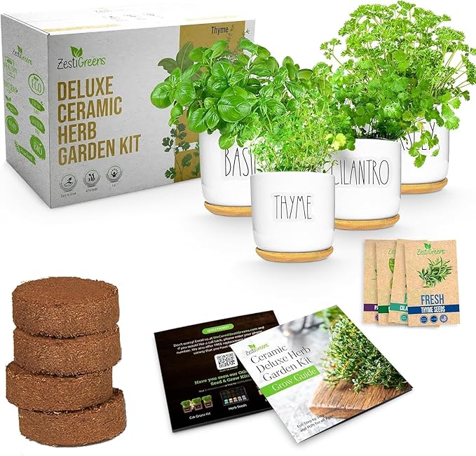 Deluxe Ceramic Indoor Herb Kit 4 Set. Variety Herbs for Indoor & Outdoor – Get Growing with Pots, Potting Soil for Window Herb Garden. (Ceramic Edition)