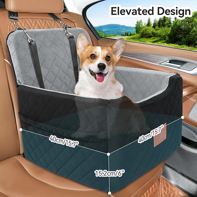 Dog Car Seat for Small/Medium Dogs Under 35lbs,Memory Foam Dog Booster Seats,Detachable and Washable Traval Pet Car Seat, Dogs Bed with 2 Safety Belts(Balck/Grey)