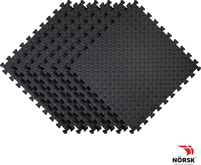 Norsk Foam Floor Gym Mats with Interlocking Tiles, .47" Thick, 24"x24", 24-Pack, 96 Square Feet, Diamond Plate Design, Black