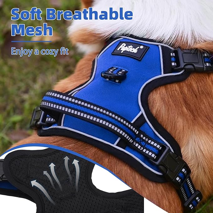 PUPTECK No Pull Dog Harness Medium Sized, Adjustable Reflective Dog Harness with Handle Easy Control, Comfortable Soft Padded Pet Vest Harness for Medium Dogs, Blue M