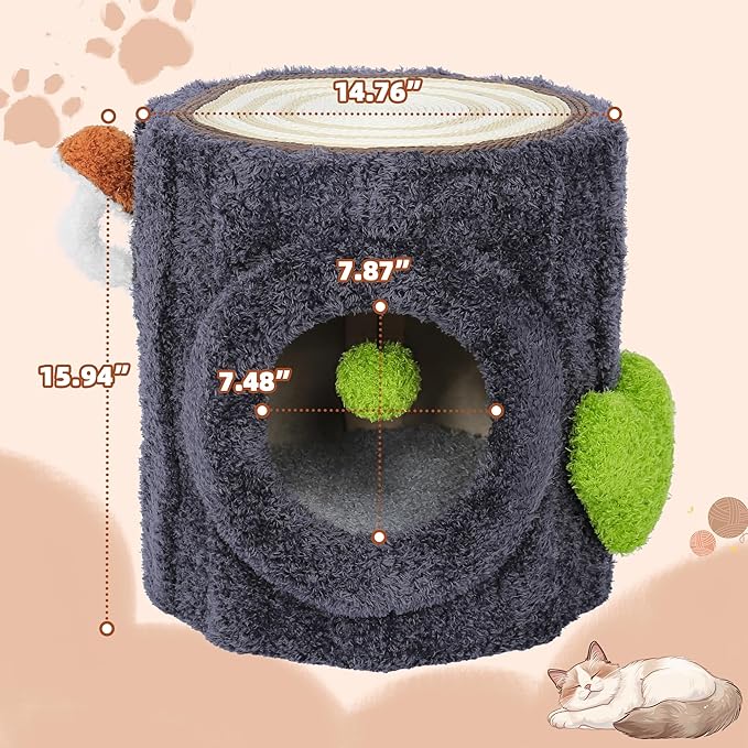 NUNU Cat Tree Tower with Scratch Table ＆ Soft Cushion, Cat Condo Tree Cave for Small Kittens, Cat House with Hanging Ball Toy for Indoor (Grey)