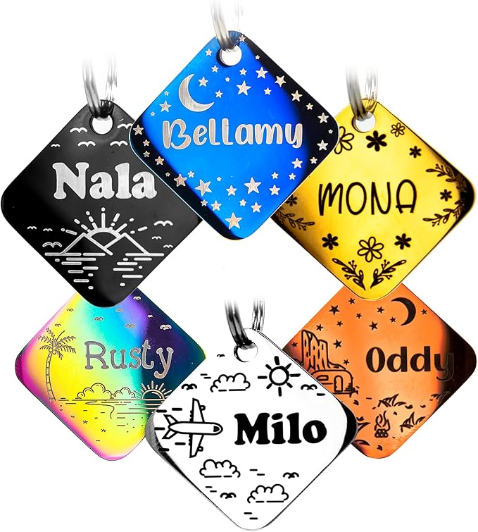 Personalized Dog Tag with 5 Lines of Custom Deep Engraved Durable Stainless Steel Pet ID Name Tag Designer Regular Size Diamond