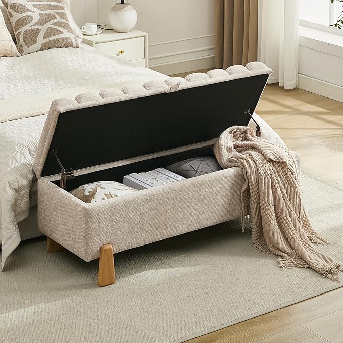 Storage Bench Ottoman 48.6 Inch with Safty Lift Top Lid, Tufted Solid Wood Tapered Legs Footstool for Bedroom, Living Room & Entryway Light Brown
