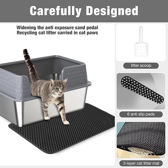 Suhaco Stainless Steel Litter Box Side Entry, Kitty Litter Mat and White Scoop Included Covered Metal High Sided Extra Large Cat Litter Box with Lid Removable Enclosure for Medium Cats (Tall Grey)