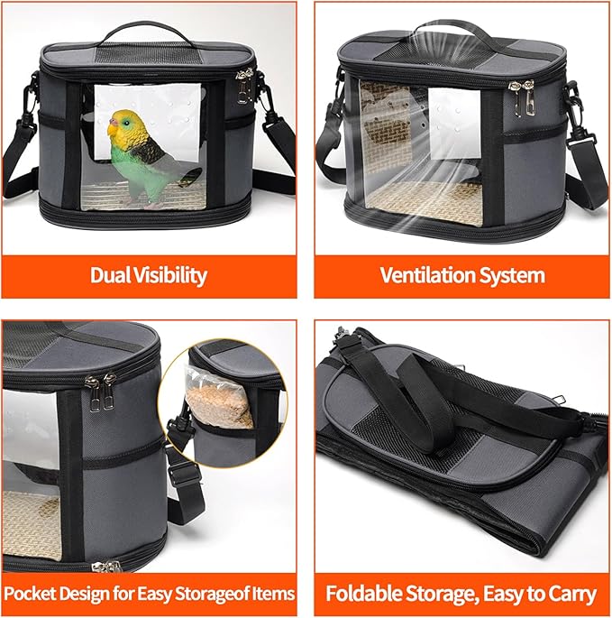 Bird Travel Carrierm, Small Bird Travel Backpack Carrier Cage with Tray and Breathable Clear Window, for Parakeet Cockatiel Budgies, for Camping Hiking (Large-White)