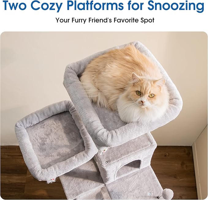MWPO 70.1-Inch Large Cat Tree, Multi-Level Tall Cat Tower for Indoor Cats, Plush Cat Condo with Big Padded Perches, Sisal-Covered Scratching Posts, Hammock, Toys for Kittens & Cats - Light Grey