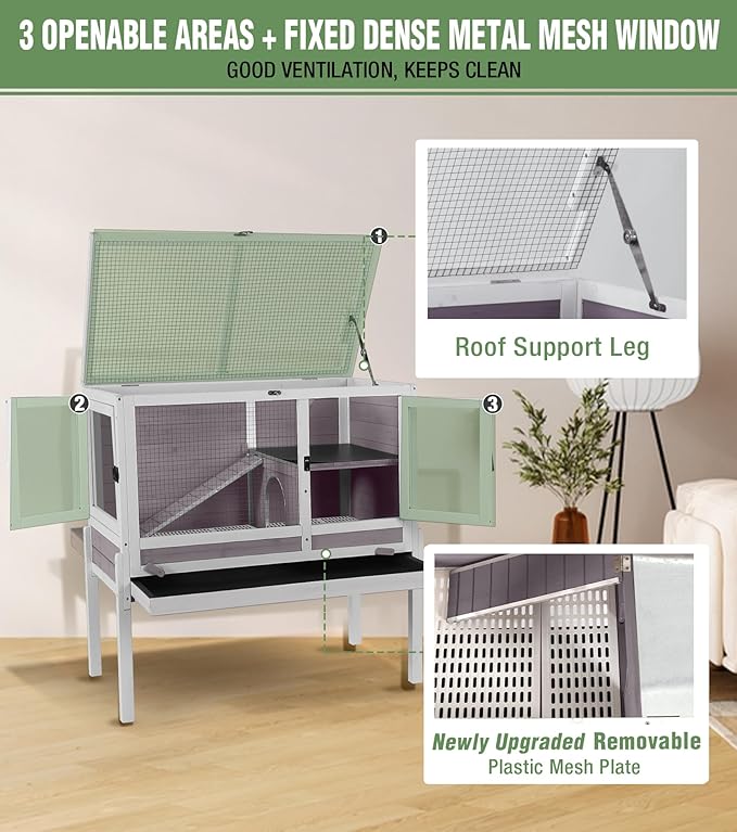 GUTINNEEN Guinea Pig Cage Rabbit Cage Indoor with Chew-Proof Edges, Clean Deep Tray, Leakproof PVC Layer, Small Animals Cage with Adjustable Legs - Grey