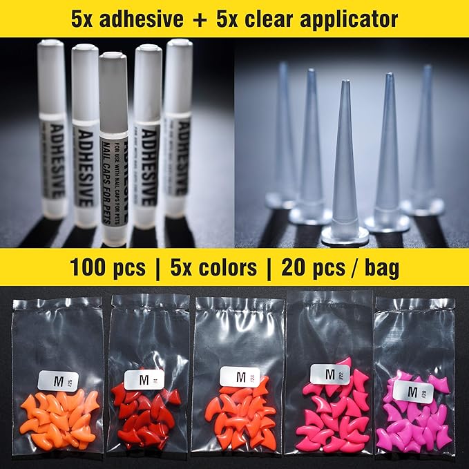 zetpo 100 pcs Cat Nail Caps | Cat Claw Covers | with Adhesives and Applicators (M, Orange, Red, Neon Red, Bright Pink, Rose)