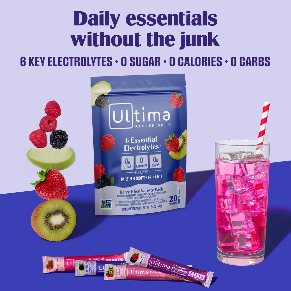 Ultima Replenisher Daily Electrolyte Powder – Original Variety Pack, 20 Stickpacks – Zero Sugar Hydration Packets with 6 Electrolytes and Minerals – Sugar Free, Plant Based & Keto Friendly Drink Mix