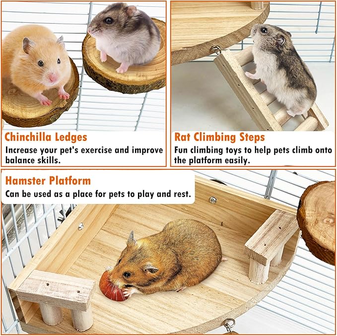 kathson 4pcs Hamster Platform with Ladder Natural Wooden Chinchilla Climbing Toy Rat Cage Ledge Sugar Glider Cage Accessories for Small Animals