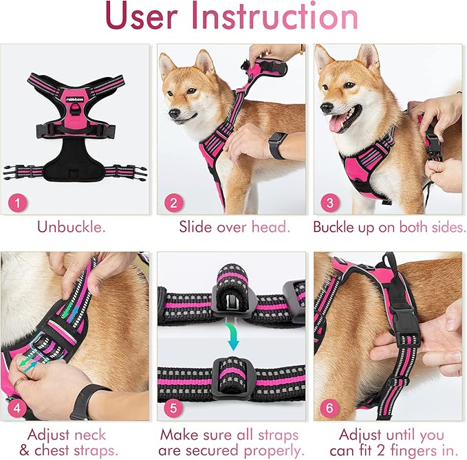 rabbitgoo Dog Harness No Pull with 2 Leash Clips, Adjustable Soft Padded, Reflective Oxford No Choke Pet Vest with Easy Control Handle for Large Dogs, Hot Pink, S