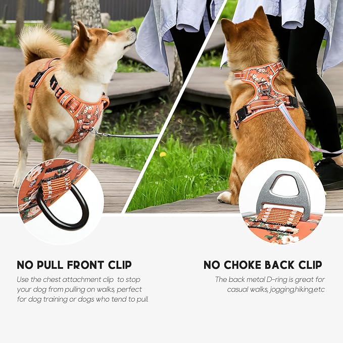 Timos Dog Harness for Medium Dogs, No Pull Service Vest with Reflective Strips and Control Handle,No Choke Dog Harness with 2 Metal Rings for Easy Walking,Outdoor Training,Flower Orange, M