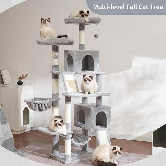 Cat Tree for Indoor Cats, 71'' (180cm) Multi-Level Cat Tower for Large Adult, Sturdy Cat Tree House with 2 Scratching Boards 7 Posts, 2 Plush Perches/Condos, Hammock, Light Gray GCT032W