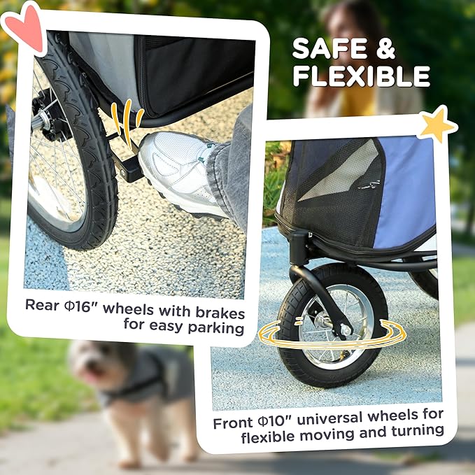 PawHut Dog Stroller, Pet Stroller 3 Wheels with Easy One-Hand Fold, Rubber Wheels, Storage Bag, Soft Cushion, Safety Leash, for Small & Medium Dogs, Blue