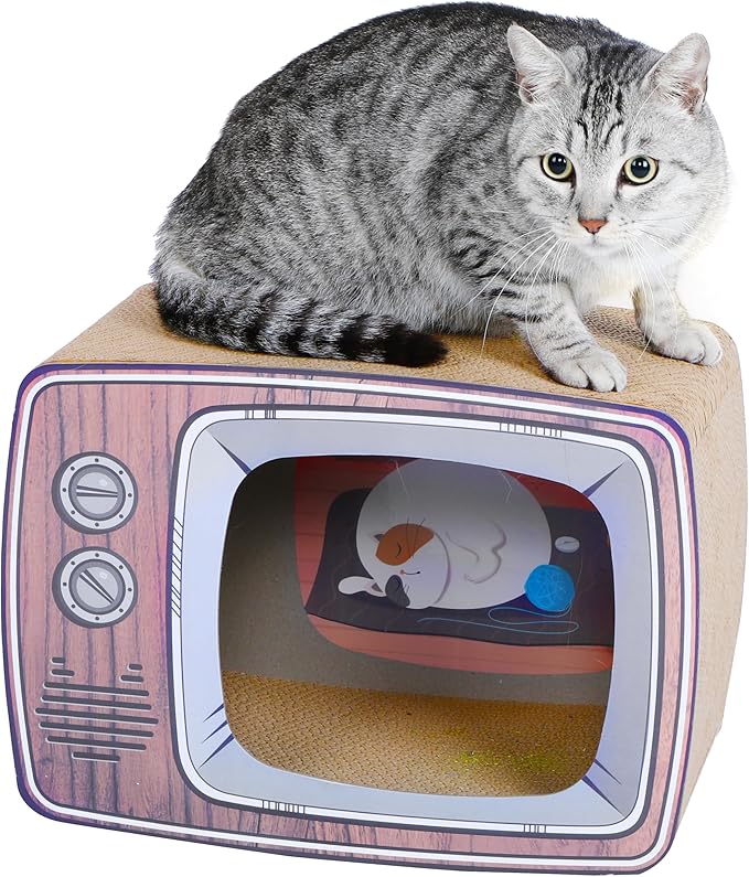TV Cat Scraper - Durable Cat Leisure Bed - Indoor Scraper and Play House - Corrugated Toy Cat Birthday - 16.9L*12.5W*9H