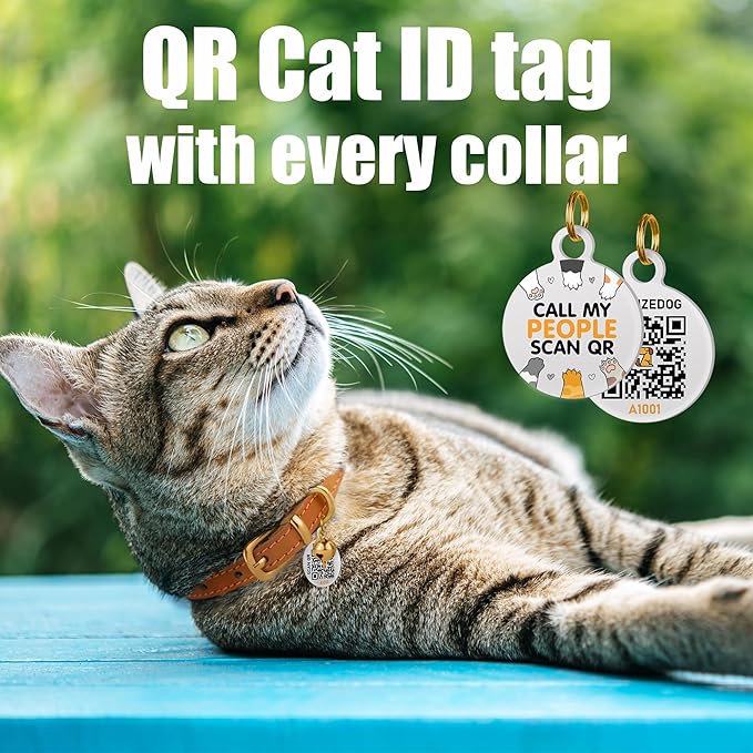 BRONZEDOG Leather Cat Collar with Removable Bells Non Breakaway Kitten QR Tag for Girl Boy (9" - 12" Cats/Mini Dogs, Light Brown & Silver)