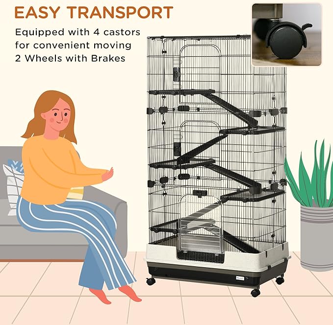 PawHut 59.5" Small Animal Cage with Wheels, 6-Level Portable Bunny Cage, Chinchilla Ferret Cage with Removable Tray, Platform and Ramp