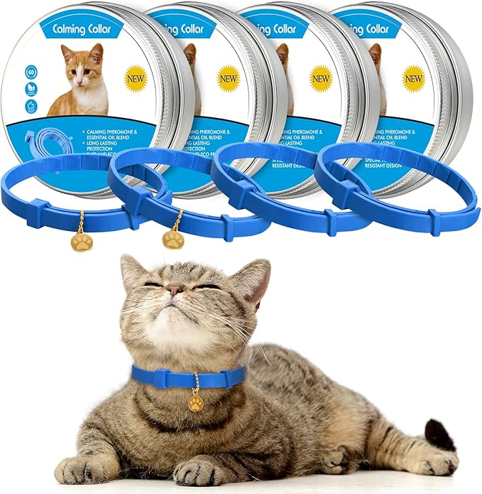 4 Pcs Cat Calming Collar Adjustable Lavender Scent Relaxing Cat Collar with 2 Pendant for Puppies Reduce Stress Aggression Anxious, up to 15 Inches(Blue)