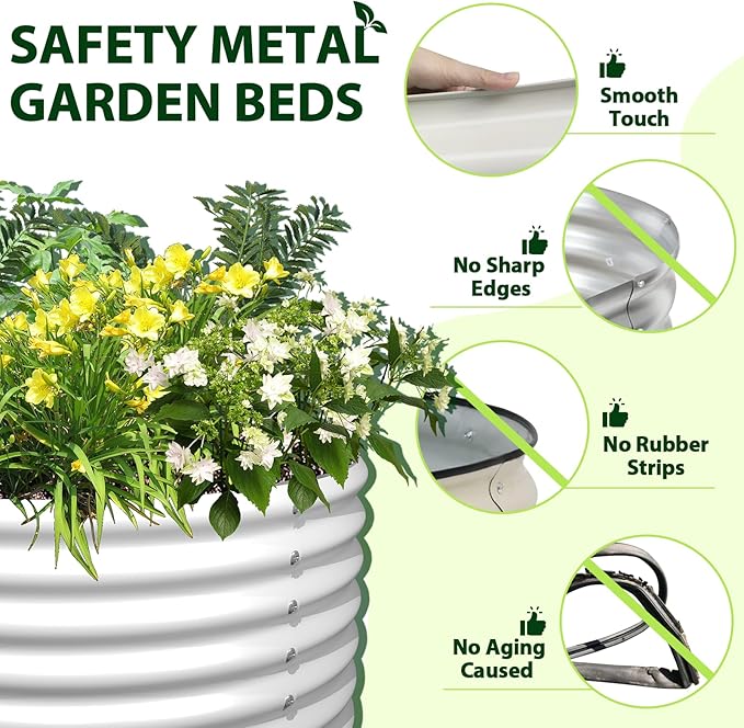 A ANLEOLIFE 2-Pack 4ft x 18” Tall Galvanized Raised Garden Beds Outdoor, Round Metal Planter Box for Planting Vegetables Flowers Herb, Anti-Rust & Easy-Setup, Antique White