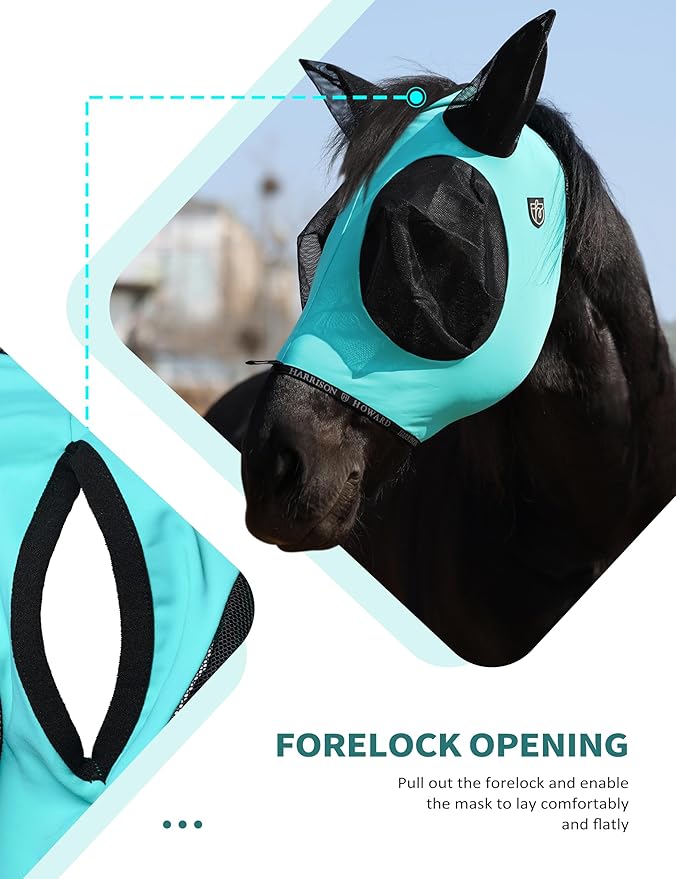 Harrison Howard Horse Fly Mask with Forelock Opening Stretch Breathable and Comfortable for Horses UV -Protection Turquoise Green M