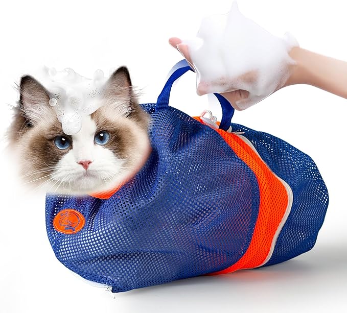 Cinf Cat Bathing Bag, Breathable Mesh Anti Scratch Adjustable Cat Grooming Bag for Nail Trimming, Bathing Soft Cat Washing Bag(Orange Blue) M
