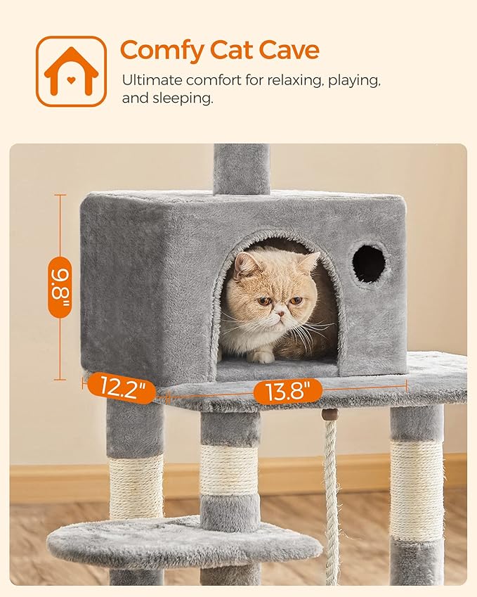 FEANDREA Cat Tree, Cat Tower for Indoor Cats, 56.3-Inch Cat Condo with Scratching Posts, Hammock, Plush Perch, Light Gray UPCT15W