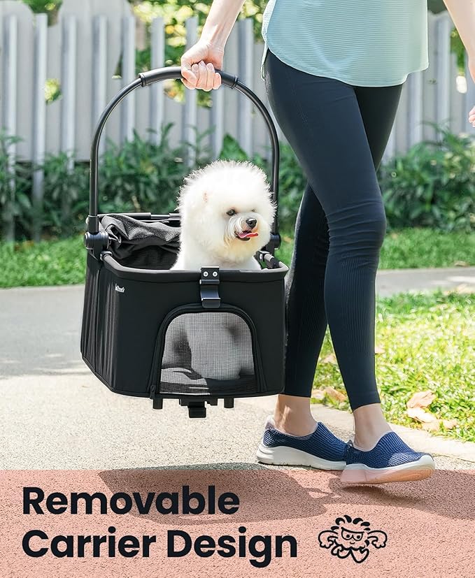 4 Wheels Pet Stroller, Dog Stroller for Small/Medium Dogs and Cats up to 33 lbs, One-Click Fold & Draggable, Removable Carrier, Zipperless Entry, Mesh Windows, Black