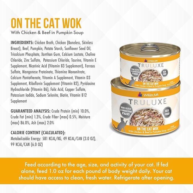 Weruva Truluxe Cat Food, On The Cat Wok with Chicken Breast & Beef in Pumpkin Soup, 3Oz Can (Pack of 24)